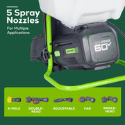 Greenworks BPS60B00 60V Battery Powered Backpack Sprayer, 70 PSI, 0.5 GPM Flow, 20 ft Spray Reach, Five Nozzles, Chemical Resistant, Tool Only