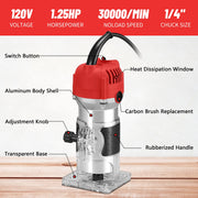 Gewna 800W Compact Wood Router, 1/4 Collet, 30000 RPM, Includes 15 Router Bits, Red