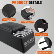 WheelX Car Center Console, Universal Rear Bench Seat Organizer with Cup Holder, Phone Holder, Padded Armrest, Black
