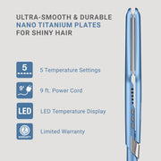 BaBylissPRO Nano Titanium 1.5 Inch Ultra-Sleek Hair Straightener with LED Temperature Display, Full-Floating Titanium Plates, Blue, BNT131T