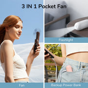 JISULIFE Portable Mini Handheld Fan 3-in-1 Rechargeable with Power Bank and LED Flashlight, Foldable Design, 19-Hour Runtime, White
