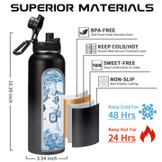 OOICO Insulated Water Bottle 40 OZ, Vacuum Stainless Steel Flask, Keep Cold 48H Hot 12H, Wide Mouth with Straw and Spout Lids, Strap Carrier Bag, Protective Boot, Paracord Handle