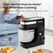 WHALL HH-9107A Stand Mixer, 5.5QT Stainless Steel Bowl, 12-Speed Tilt-Head Kitchen Appliance, Black, with Dough Hook, Wire Whip, Beater