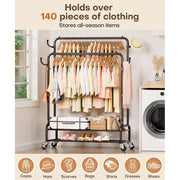 Enogets Heavy Duty Double Rod Garment Rack with Shelves and 360 Swivel Locking Wheels, Black Steel, 44 in x 16.5 in x 61 in