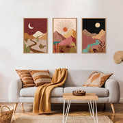 HPINUB Modern Boho Framed Canvas Wall Art Set, Colorful Moon and Sun Desert Painting, Southwest Landscapes, Rustic Mountain Decor, 16x24x3 in, Pack of 3