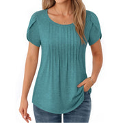 MOYIKO Women Short Sleeve Casual Top, Pleated Petal Sleeves, Scoop Neck, Loose Fit, Light Green, 2XL - 60% Polyester