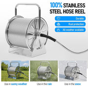 SPECILITE Stainless Steel Outdoor Hose Reel with 100ft Drinking Water Grade Hose and 6.2ft Leader Pipe, Wall and Floor Mounted, Silver