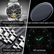 OLEVS 6617 Men's Automatic Skeleton Mechanical Watch, Stainless Steel Band, Black Dial, Moon Phase, Luminous Hands, Waterproof 30M