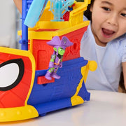 Hasbro Spidey and His Amazing Friends Water-Webs Webs Ahoy Bubble Pirate Ship Playset with 3-Inch Action Figures, Extending Hull, Wave-Simulating Wheels, Bubble Maker, 17 to 21 in