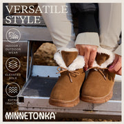 Minnetonka Norean Women's Tan Suede Slipper Booties, Lace-Up, Faux Fur Lined, Indoor Outdoor, 81101