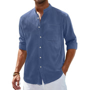 Sogami Men's Long Sleeve Cotton Linen Shirt, Band Collar, Button Down, Loose Fit, Casual