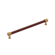 Signature Hardware Lazzara Brown Leather Bar Cabinet Pull, 10-1/16 Inch Center to Center, Brushed Gold Finish