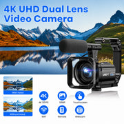Campark AC09 Video Camera Camcorder, Dual Lens 5K 25FPS, 3-Inch 270 Rotating Touch Screen, 56MP Photo, Wi-Fi, External Microphone