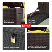 Keter Java XXL 230 Gallon Resin Outdoor Deck Box, Weather-Resistant Rattan Texture, Hydraulic Piston Soft Close, Large Grey Storage