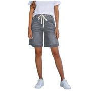 Hurxie Bermuda Jean Shorts for Women, High Waisted, Knee Length, Stretchy Denim, Gray, S - Machine Washable