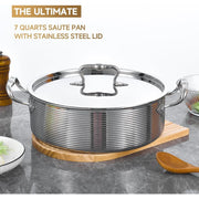 Inqibee Saut Pan with Lid, Tri-Ply Stainless Steel, 13 in, Induction Compatible, Dishwasher and Oven Safe, 8 QT, QB-INQ-3PLY