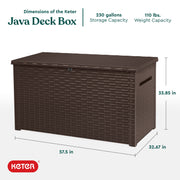 Keter Java XXL 230 Gallon Resin Outdoor Deck Box, Weather-Resistant Rattan Texture, Hydraulic Piston Soft Close, Large Grey Storage