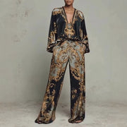 Zanvylia Womens Baroque Printed Two-Piece Set, V-Neck Lantern Sleeve Top, Black Gold Palazzo Wide Leg Pants, Retro Luxury