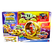 Mattel Hot Wheels Monster Trucks Charge & Chase Challenge Track Set with Oversized Skelesaurus, 1:64 Scale Bone Shaker, 2 Crushed Cars, Multicolor, HYT07