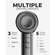 Fatini Ionic Blow Dryer, 110,000 RPM Brushless Motor, 1400W Power, Negative Ion Technology, 4 Temperature Settings, 3 Speeds, Gray, Compact Design with Nozzle and Diffuser