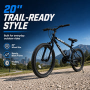 FUPOJH 20 Inch Kids Mountain Bike, 7 Speed, V Brakes, Off Road Tires, Black