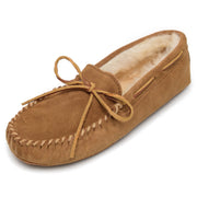 Minnetonka Sheepskin Hardsole Moccasin Slippers for Men, Tan, Size 15W, Leather Upper, Memory Foam Insole