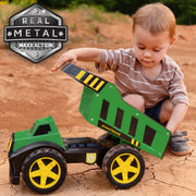 John Deere 16in Metal Dump Truck Toy with Motorized Dumping, LED Lights, Sounds, Heavy Duty Steel Bed, Extra Large Wheels for Kids 3+
