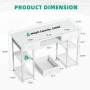 Concetta D-3CZ 48 Inch Small Desk with Fabric Drawers and Storage Shelves, White
