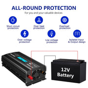 Voltworks 1000W Pure Sine Wave Power Inverter, DC 12V to AC 110-120V, 3 AC Outlets, 2.4A Dual USB Ports, LCD Display, Black, VS-1000PB