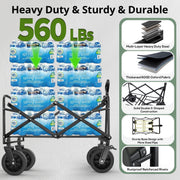 Qunler Collapsible Folding Utility Wagon, Heavy-Duty Steel Frame, 560lbs Capacity, 8-Inch 360 Rotating Wheels with Brakes, Adjustable Reboundable Handle, Waterproof 600D Oxford Fabric, Black