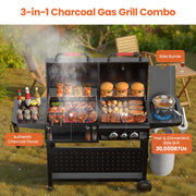 Tcisa 3-Burner Gas and Charcoal Grill Combo, Dual Fuel 30,000 BTU, 748 Sq In Cooking Space, Black Steel Construction