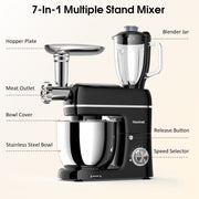 Honinst 1101BG 7-IN-1 Multifunctional Stand Mixer, 6.5 QT 8-Speed Tilt-Head Kitchen Mixer, Black