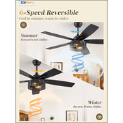 Zardon 52 Inch Black Ceiling Fan with Light and Remote, Farmhouse and Quiet 6-Speed Reversible DC Motor