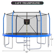 Euroco 14ft Round Trampoline with LED Lights, Basketball Hoop, Enclosure Net, Ladder, Galvanized Steel Frame, 1500 lbs Capacity