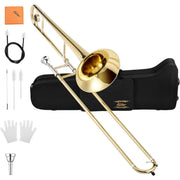 Eastar ETB-330 Bb Tenor Trombone for Beginners Students B Flat Brass Instrument With Case, Mouthpiece, White Gloves, Cleaning Kit, Gold