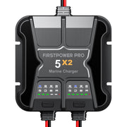 FirstPower Pro 2-Bank Smart Marine Battery Charger, 10A Total Output, Waterproof, Battery Maintainer & Desulfator for SLA/AGM, Lithium LiFePO4, Calcium, Deep-Cycle Batteries