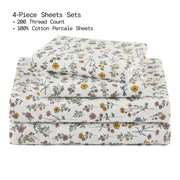 Beautiful Drew Barrymore Botanical 4-Piece Cotton Washed Percale Sheet Set, White, Queen, 200 Thread Count, 14-Inch Deep Pockets