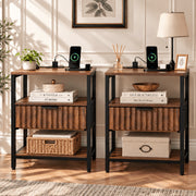 Ktaxon Fluted Nightstand Set of 2 with Built-In Charging Station, Brown Walnut