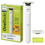 Philips Norelco OneBlade Intimate Pubic Trimmer, Electric Rechargeable, Dual-Sided Blade, Skin Protector, Detachable 3mm Comb, Waterproof, White, Value Pack with Extra Blade
