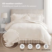 Mainstays 11-Piece Queen Size Bed-in-a-Bag Comforter Set, Reversible Cream Ruffle and Green Floral, Microfiber Polyester