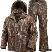 NEW VIEW Camouflage Hunting Clothing, Tree Camo Pattern, Warm Fleece Lined Hooded Jacket and Pants, Water-Resistant, Windproof, Size L