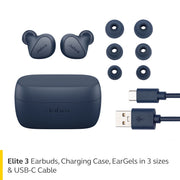 Jabra True Wireless Earbuds, Elite 3, Noise Isolating Fit, 4-Mic Call Technology, Navy, Up to 28 Hours Battery