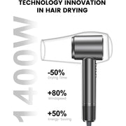 Fatini Ionic Blow Dryer, 110,000 RPM Brushless Motor, 1400W Power, Negative Ion Technology, 4 Temperature Settings, 3 Speeds, Gray, Compact Design with Nozzle and Diffuser