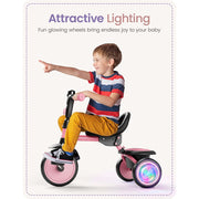 Besrey Toddler Tricycle with Adjustable 4-Position Seat, Motion-Activated Flashing LED EVA Foam Wheels, Bell, Foldable Handlebar, Pink, Ages 18 Months to 5 Years, BSR-KSE08