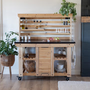 Backyard Discovery 48in Cedar Wood Buffet Hutch Serving Station with Powder-Coated Galvanized Steel Countertop, Wine Rack, Modular Shelves, Towel Bar, Heavy-Duty Casters, 2304116