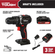Hyper Tough 80045 20V Max Brushless 2-Speed Cordless Hammer Drill with 1.5Ah Lithium-Ion Battery & Charger