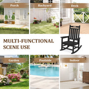 Justlet Loyalice HDPE Outdoor Rocking Chair, Black, High Back, Wood-Grain Texture, Heavy-Duty, Fade Resistant