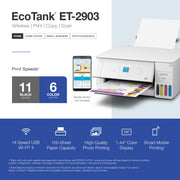 Epson EcoTank ET-2903 Wireless All-in-One Color Supertank Printer, White, 11 PPM, 1.44