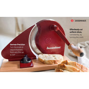 Zassenhaus Classic Red Manual Bread Slicer with Adjustable Thickness, Stainless Steel Serrated Blade, Wood Base, 11.75 in x 8 in, M072075