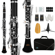 EastRock CLA01 Bb Clarinet, Nickel-Plated Body, Matte Black Finish, 17-Key Boehm System, Dual Replacement Barrels, Hard Case